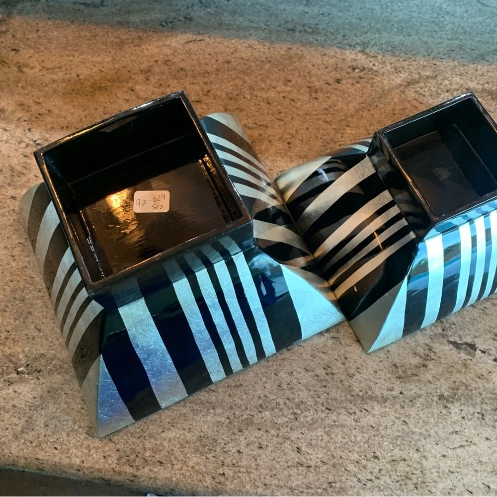 Mid-Century Modern Hand-Painted Wooden Pedestal Bowls- Black & Silver (Set of 2)